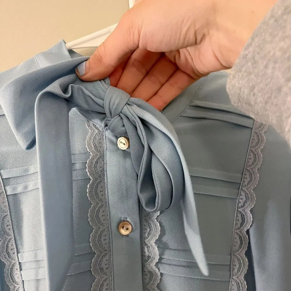 Vtg 70s Jennifer Gee Womens Blue A Line Dress 10 Lace Pleated Long Sleeve Belt - Picture 4 of 9